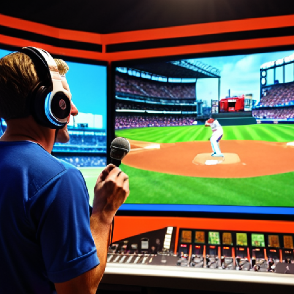 **Image Prompt:** A vibrant recording studio scene. A person with headphones is passionately commentating into a microphone. In the background, a screen displays a baseball game with Dutch sports graphics. The atmosphere is energetic and professional, suggesting a live broadcast. Focus on capturing the passion and focus of the commentator.