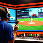 **Image Prompt:** A vibrant recording studio scene. A person with headphones is passionately commentating into a microphone. In the background, a screen displays a baseball game with Dutch sports graphics. The atmosphere is energetic and professional, suggesting a live broadcast. Focus on capturing the passion and focus of the commentator.
