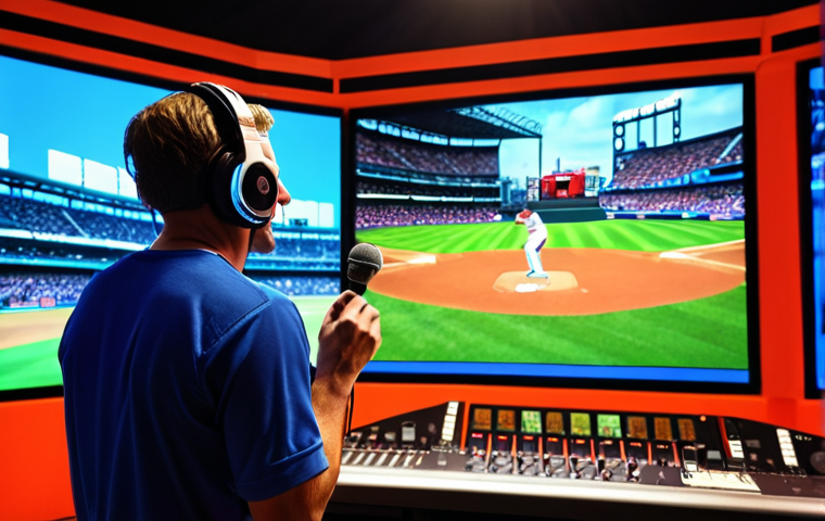 **Image Prompt:** A vibrant recording studio scene. A person with headphones is passionately commentating into a microphone. In the background, a screen displays a baseball game with Dutch sports graphics. The atmosphere is energetic and professional, suggesting a live broadcast. Focus on capturing the passion and focus of the commentator.